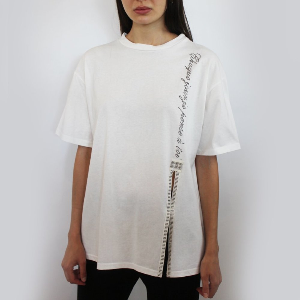 Cut-Out Rhinestone Script Trim Top T-56